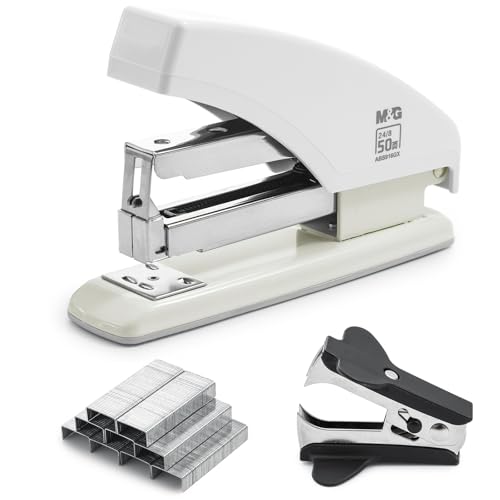 M&G Effortless Stapler for Desk, 50 Sheet Capacity, Heavy Duty Desktop Stapler with 1000 Staples & Staple Remover, One Finger Touch, Good for Office Home School, White