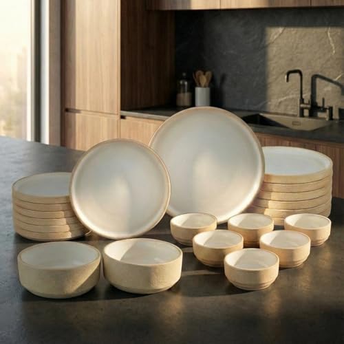 Image of BlackCarrot Handcrafted White Beije Ceramic Dinner Set, 20 Pieces Serving for 6, Microwave and Dishwasher Safe, Bone-Ash Free, Dinner Sets | Crockery Set for Gifting & Dining by Black Carrot