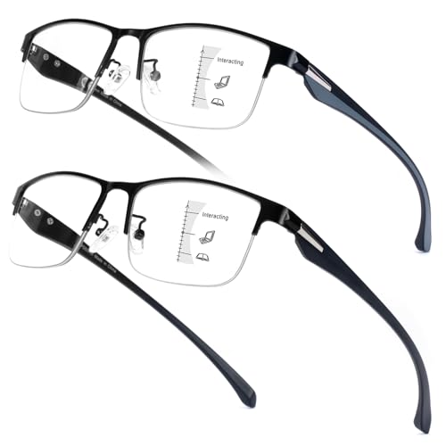 Missfive 2er Pack Gleitsichtbrille Progressive Multifokus Lesebrille mit TR90 Bügel Gleitsicht-Lesebrille Blaulichtfilter Halbrahmen Nähe-Mittlere Entfernung 2.0x