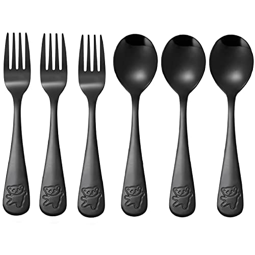Image of Pimoys 6 Pieces Kids Silverware Stainless Steel Toddler and Child Utensils, Childrens Safe Forks and Spoons Metal Cutlery Set, Engraved Bear, Black
