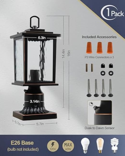 Outdoor Post Light Oil-Rubbed Bronze Pole Lantern 16'' Lamp Post Light Fixture