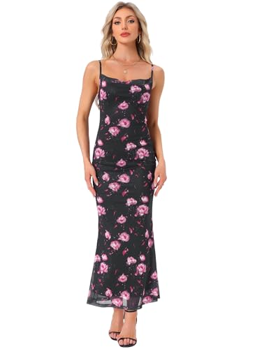 Allegra K Women's Mesh Floral Maxi Dress Wedding Guest Spaghetti Strap Bodycon Cocktail Dresses