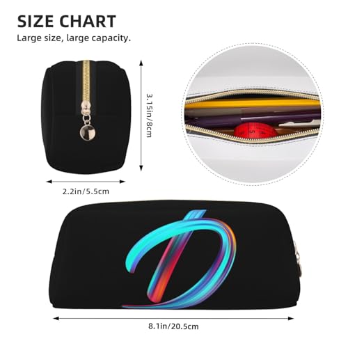 Image of Cute Initial Pencil Case for Kids Simple Leather Pencil Pouch for Boys Girls Letter Design Pencil Box Pen Bag Pencil Pouch Office Stationery Organizer, Rainbow Letter D