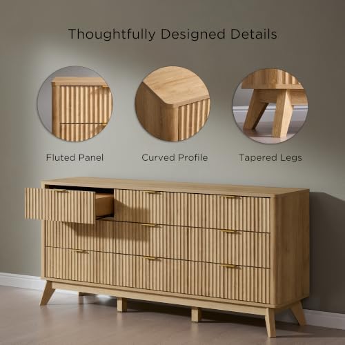 Image of T4TREAM 63 inch Wide Fluted 9 Drawer Dresser for Bedroom, Natural Oak | Mid Century Modern, Curved Profile, Metal Handles, Anti-tip Kit, Smooth Slides, for Living Room, Hallway