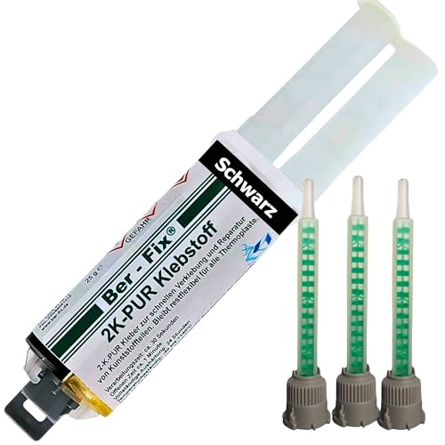 Ber-Fix 2K PUR 25g Schwarz – Schnell härtender 2K-Kleber für Kunststoff mit 3 Mischspitzen, ideal für schnelle Reparaturen und dauerhafte Haftung auf schwarzen Oberflächen