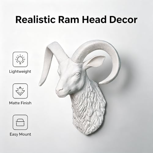 Faux Ram Head Wall Mount, White Resin Sculpture - Image 3