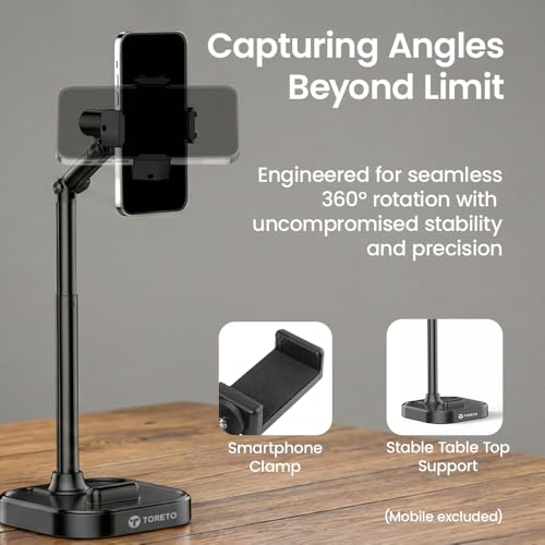 Image of Toreto Anchor Table Top Mobile Holder with 360 Ball Rotation & 180 Folding Arm, Height Adjustable 22-41 cm Desktop Lift Stand, Multi-Camera Phone Stand for Video Recording & Live Streaming (Black)