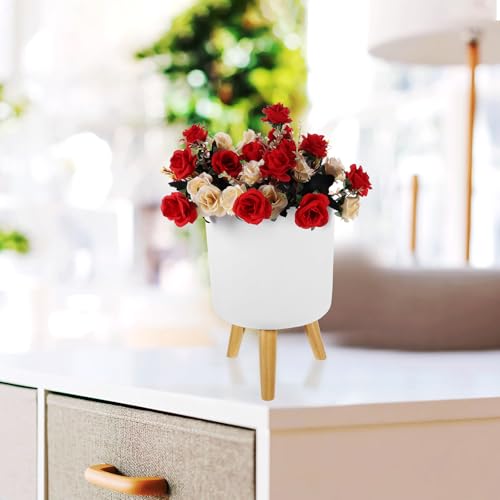 Pot à fleurs d'intérieur blanc moyen avec support bois et indicateur d'eau - 7
