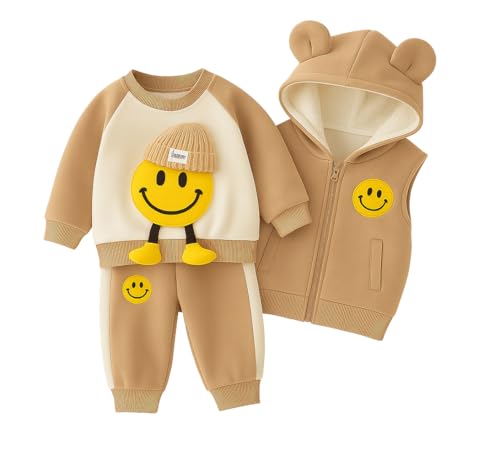 Image of Bold N Elegant Kids Polyester Printed 3d Happy Smile Face Cartoon Winter Warm Hoodied Jacket Sweatshirt and Pajamas 3 Pc Layering Party Clothing Set
