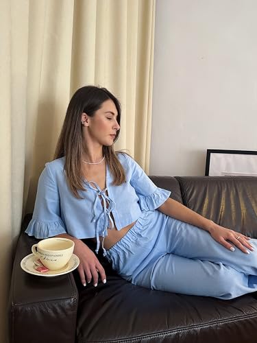 Image of Argeousgor Women Plaid 2 Piece Pajama Set Button Down Puff Sleeve Babydoll Shirt Gingham Pants Pj Lounge Set Sleepwear