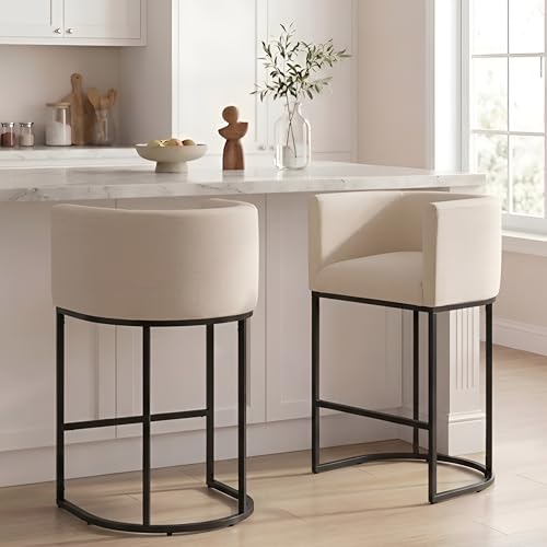 RIVOVA Contemporary Cream Linen Bar Stools Set of 2, 29" Upholstered Fabric Counter Height Barstools Kitchen Counter Island Stools with Screwed Together Black Metal Base