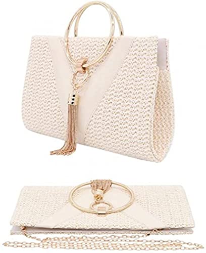 Straw Handbag Evening Bag Clutch Purses For Women,Elegant Summer Beach Tote Tassels Straw Top Handle Clutch With Chain (Yellow) #TOP2