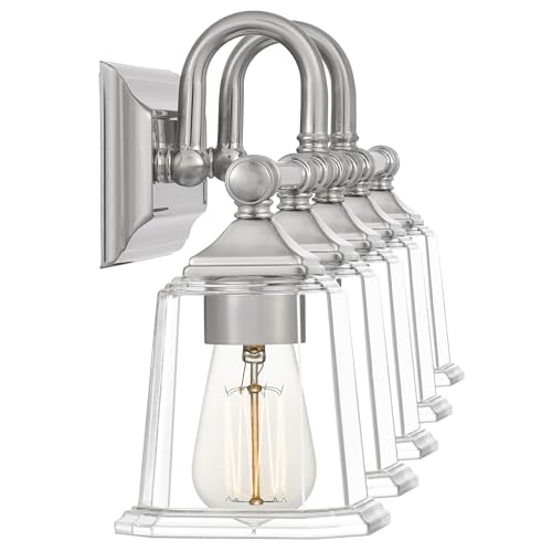 Image of Quoizel Nicholas 42 inch Vanity Light, Brushed Nickel, Clear Glass | 5-Light, Dimmable, Reversible Mounting, ETL Damp Rated