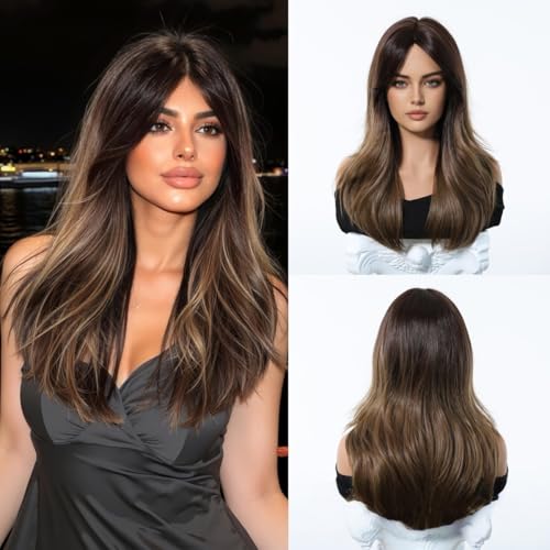 Umbrion Highlighted Golden Brown Long Straight Human Hair Wigs Middle