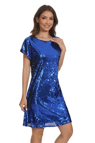 Image of Women's Crewneck Sequin Shift Dress Short Sleeve Casual Holiday Sparkly Party Dress