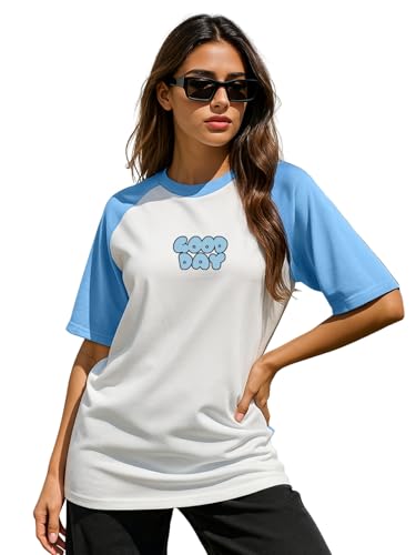 Image of JUNEBERRY 100% Pure Cotton Oversized Fit Drop Shoulder Graphic Printed Raglan Sleeves Boyfriend T-Shirt for Women (Sizes: S to 2XL)