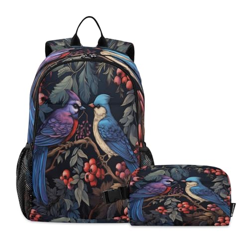 Sac à dos pour étudiants oiseaux aquarelle avec sac à déjeuner léger et durable