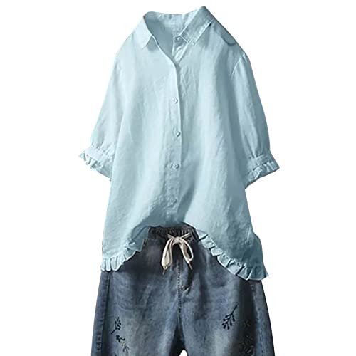 Women Linen Button Down Shirt Ruffle Short Sleeve Shirts Collared V Neck Teen Girls Spring Summer Casual Blouses Tops