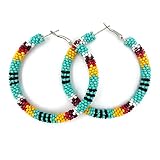 Southwestern Navajo Pattern Seed Beaded Hoop Earring (Turquoise)