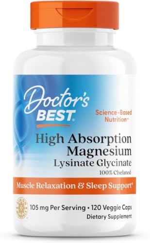 Doctor's Best High Absorption Magnesium Glycinate Lysinate Supplement for Sleep Support - Chelated Magnesium Capsules for Women & Men, 105 mg per Serving, Calm Support, Vegan - 120 Veg Caps