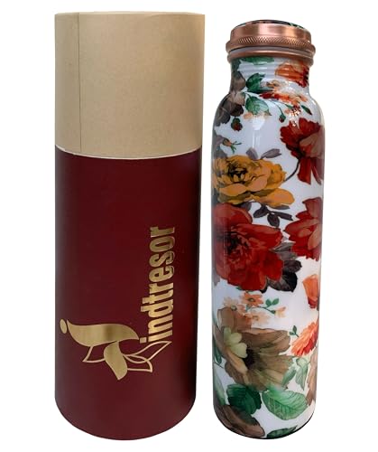Image of Pure Copper Water Bottle - Handcrafted - Ayurveda health benefits - Large 1000 ml - Leak proof - Easy to carry for Sports, Fitness, Yoga, School - White Base Floral Vintage Colors Enamel