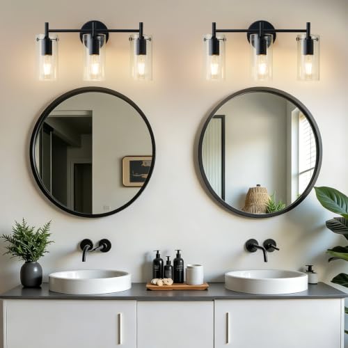 Image of Indoi Bathroom Light Fixtures, 3-Light Matte Black Vanity Light, Black Bathroom Lights Over Mirror with Clear Glass Shade, Wall Sconces for Mirror Bedroom Living Room Hallway (Pack of 2)