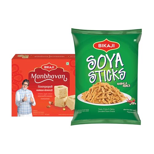 Soan-Papdi - Manbhavan 1000g and Soya Sticks 200g Combo of 1200g (42.33Oz) – Authentic Indian Snacks Family Pack | Crunchy Namkeen, Party Mix, Bar Snacks & Tea-Time Treats
