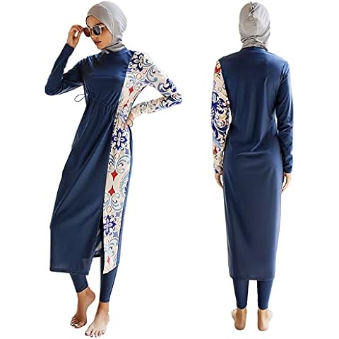 Burkini Swimwear for Ladies UK Muslim Swimming Costume Women Long Sleeve UV Protection Floral Tops + Pants + Swimming Cap Hijab 3 Piece Full Body Modest Swimsuit Islamic Bathing Suit 6#Navy Blue M Cover