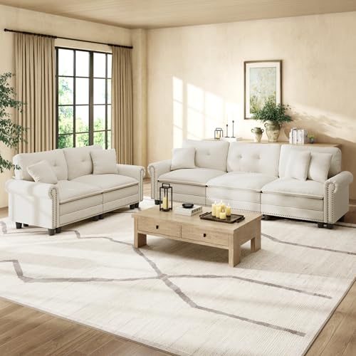 Image of HERA'S HOUSE Modular Sectional Sofa Set for Living Room 2-Piece Deep Seats | Mid-Century Modern 5-Seater Cloud Sofa Set, Beige, Rolled Arms & Nailhead Trim, Wider & Deeper Seats, Linen Furniture Set
