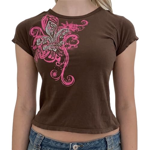 Image of Geagodelia Women's T-Shirt Gothic Baby Tee Crop Top Ladies Short Sleeve Graphic Tshirt Summer Outfit Y2K Aesthetic Grunge Clothes Streetwear (A - Brown, L)