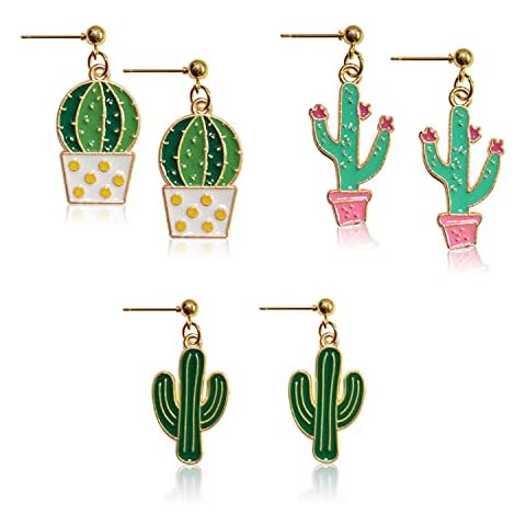 WUWEIJIAJIA 3 Pairs Unique Handmade Lightweight Funny Green Enamel Plant Cactus Dangle Drop Earrings Sets for Women Sweet Creative Potted Plant Stud Earrings (3 Pairs) Cover