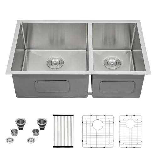 Mocoloo-33-Undermount-Sink-Double-Bowl-33x19-Inch-16-Gauge-Stainless-Steel-Double-Bowl-6040-Under-Counter-Kitchen-Sinks-Handmade-Basin Mocoloo 33 Undermount Sink Double Bowl 33×19 Inch 16 Gauge Stainless Steel Double Bowl 6040 Under Counter Kitchen Sinks Handmade Basin