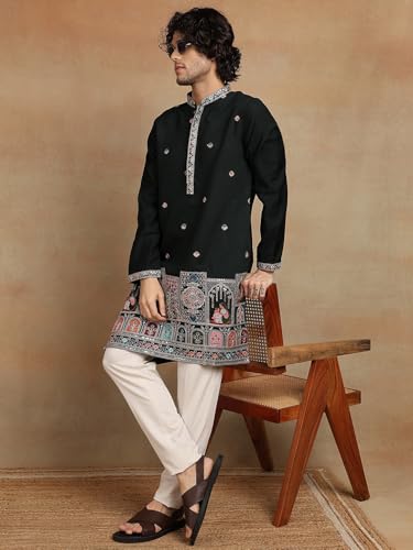 Image of Amazon Brand - Tavasya Men Printed Kurta with Ethnic Motif Border | Special Haldi Kurta | Festive Embellished Long Kurta | Embroidery Kurta | Ethnic Wear | Mandarin Collar | Knee Length