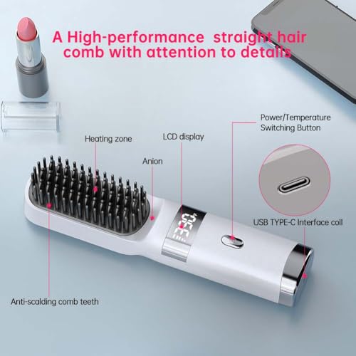 Image of Cordless Hair Straightener Brush Portable on The go Comb for Travel USB chargingTwo Power sources30s Fast HeatingLCD Large Screen Display (White)