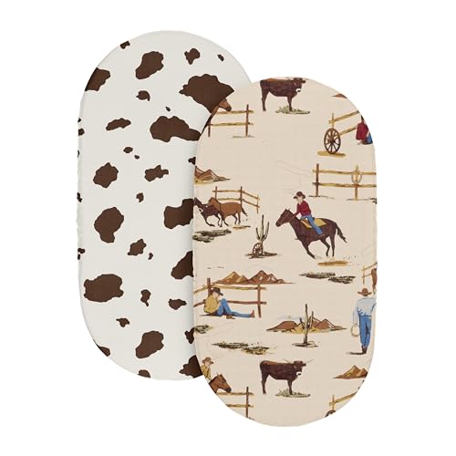 Image of Sweet Jojo Designs 2-Piece Baby Bassinet Sheets Set (Western Cowboy) for Boys, Infant Newborn Nursery, Oval, Rectangle & Hourglass Mattress (Cow Print, Vintage Americana, Wild West, Country, Horse)