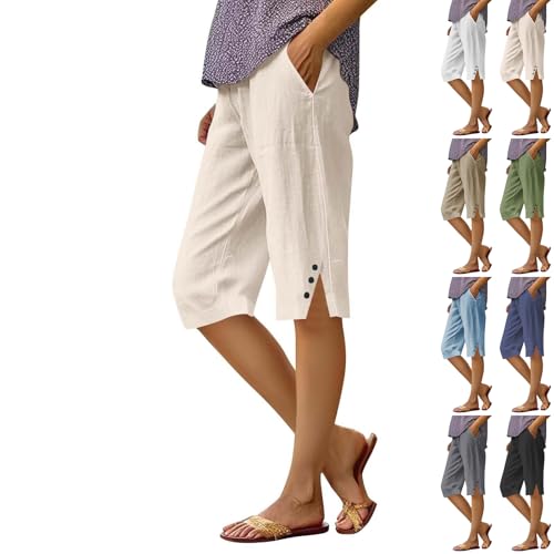 Capri Pants for Women Summer Linen High Waisted Lounge Long Shorts Casual Loose Workout Pull On Pants with Pockets