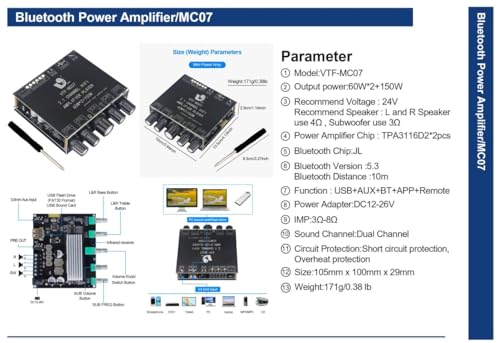 Image of VTF-MC07 Amp Board 60 * 2W+160W Power AMP Module TPA3116*2 Stereo BT5.3 Home Theater Music Audio, BT /USB /AUX /Eq Remote USB HiRes files support FLAC WMA WAV APE M4A ALAC AMR DTS Apple Music support
