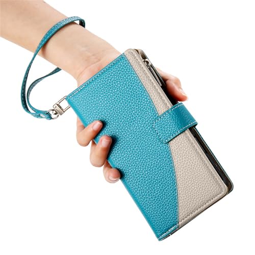 Étui portefeuille Galaxy S21 Plus bleu foncé en cuir grainé avec fermeture éclair