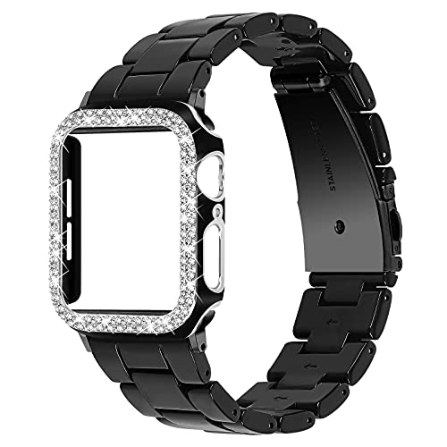 Miimall Compatible with Apple Watch 40mm Resin Bands with Bling Diamond Case Cover Women Girl, Light Adjustable Resin Wristband Strap Band for Apple Watch 40mm Series Se 6 5 4[Black+Silver]