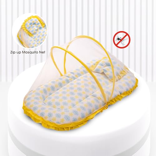 Image of Mee Mee Soft Bed Mattress Set | with Mosquito Net, Neck Pillow & Zip Closure | 100% Cotton Newborn Baby Bedding | with Attractive Clouds & Star Prints | for 0+ Months