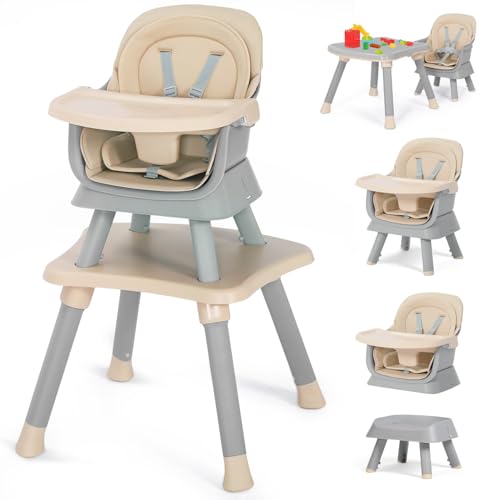 Image of Kinder King 8 in 1 Baby High Chair, Coverts to Dining Booster Seat/Kids Table & Chair Set/Toddler Building Block Table/Kids Stool, Removable Tray & Double Seat Cover, Easy to Wipe, Grey & Coffee