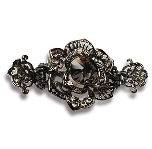 Rose Shaped Colored Jewel Rhinestone Metal Hair Claw on Dual Spring Black Metal Clip (Gray)
