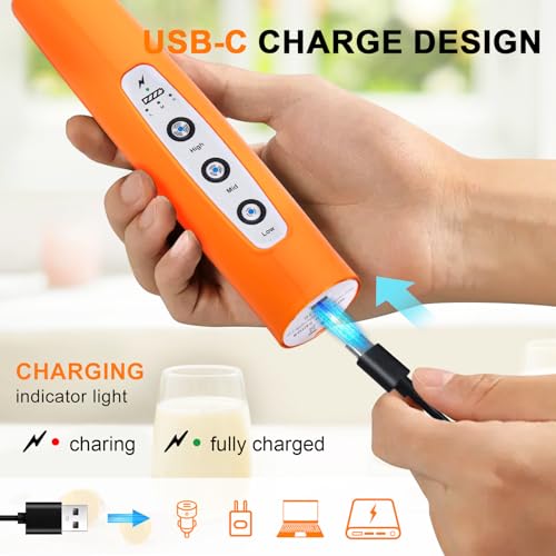Image of YUSWKO Fluorescence Orange Handheld Milk Frother Wand for Coffee, Rechargeable Electric Whisk with 3 Heads 3 Speeds Drink Mixer Coffee Frother For Latte, Cappuccino, Hot Chocolate, Egg