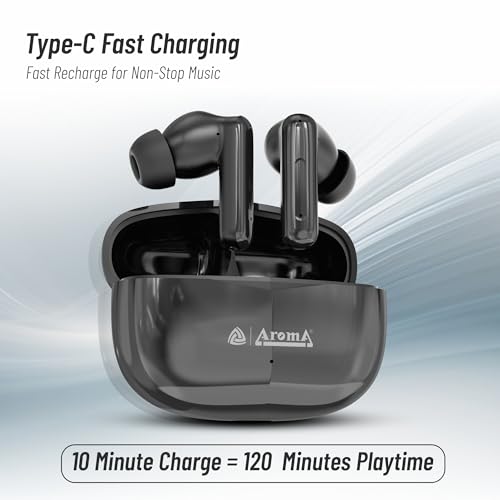 Image of AROMA TWS1 Pulse V5.4 True Wireless Earbuds, Shiny Black | Bluetooth Headphones, Up to 60H Playtime, ENC, Fast Charging, Heavy Bass