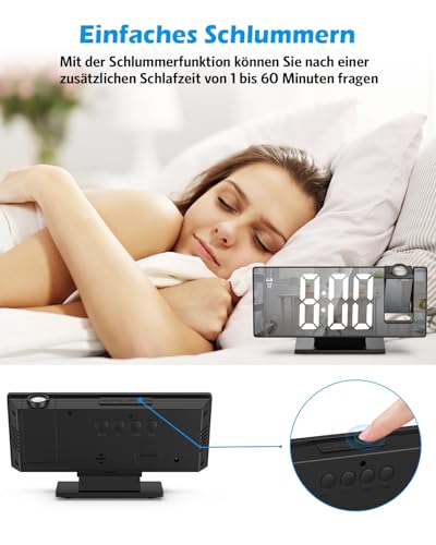 Criacr Projektionswecker, Digitaler Wecker mit Projektion 180 °, LED Spiegel-Wecker mit Große Display, Temperaturanzeige, Wecker Digital mit Snooze, Datum, 3 Helligkeit, für Schlafzimmer Büro