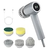 JTF Spazzola Elettrica Rotante per Pulizia 5 in 1 per Cucina Piatti Piastrelle Bagno,Spazzola Rotante Pulizia Casa con 5 Spazzole,2 Velocità,Schermo a LED (Grigio)