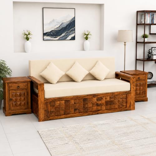 Image of SONA ART & CRAFTS Diamond Sheesham Wood Sofa Cum Bed with Bedside | 3 Seater with Storage and Side Pockets for Living Room Organizer Furniture Sofa Bed Home, Bedroom (Natural Finish)