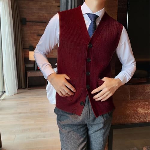 Men V-Neck Sleeveless Sweater Vest Knitted Button Cardigan Waistcoat Solid Thick Knitted Vest3