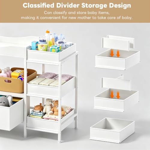 Image of Baby Changing Table with Storage,Heavy-Duty Diaper Changing Station, White Nursery Dresser Organizer with 2 Large Fabric Baby Drawers, 3 Diaper Caddy Bin & Wood Shelf, Kids & Baby Bedroom Furniture