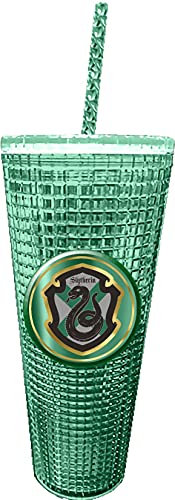 Image of Spoontiques Harry Potter Diamond Tumbler, 20oz - Textured Cup w /Staw, Double Wall Insulated, BPA Free - Slytherin
